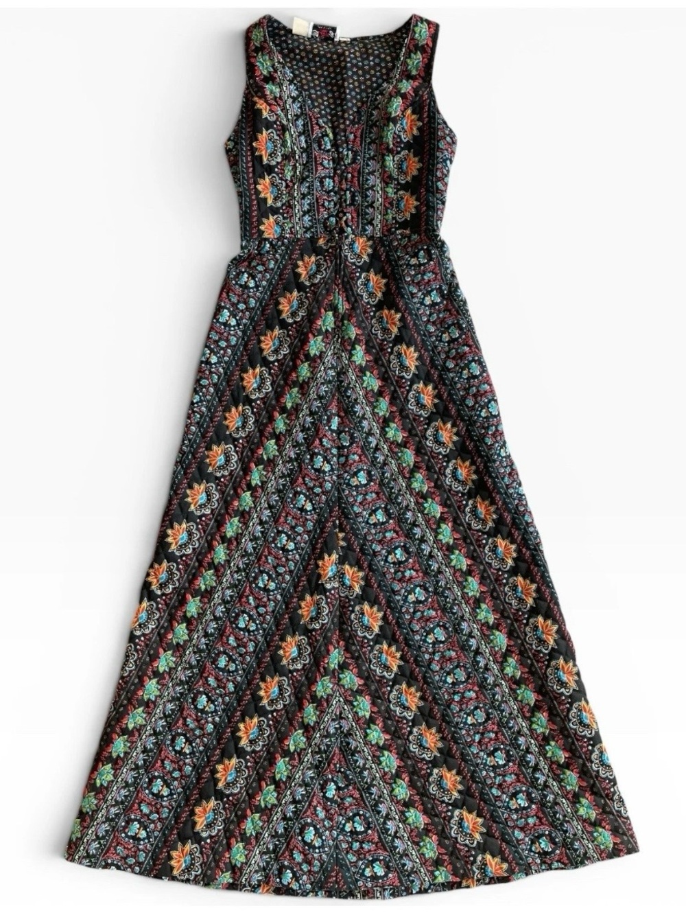 Vintage Lanz Originals Black Multicolored Quilted A-Line Dress Sleeveless Retro
